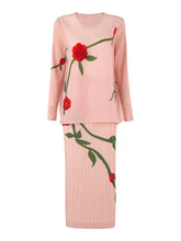 Luxe Feminine Rose Top & Pleated Skirt Set